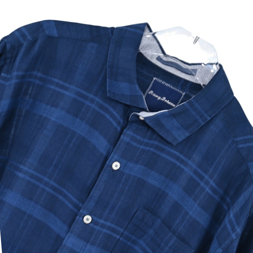 Tommy Bahama Mens XL Blue Plaid Linen Cotton Long Sleeve Resort Coastal Relaxed